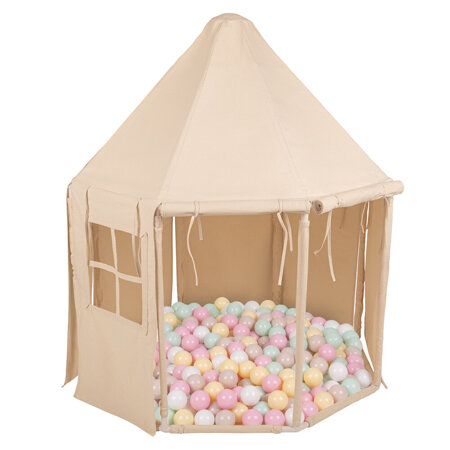 KiddyMoon Play Tent for Kids Pavilion Playhouse Cotton Fabric Indoor Outdoor Use Foldable Design Easy Assembly And Storage Perfect For Play Relaxing And Imaginative Adventures, natural: pastel beige/pastel yellow/white/mint/powder pink, 300 Balls