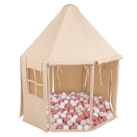 KiddyMoon Play Tent for Kids Pavilion Playhouse Cotton Fabric Indoor Outdoor Use Foldable Design Easy Assembly And Storage Perfect For Play Relaxing And Imaginative Adventures, natural: pastel beige/salmon/white, 200 Balls