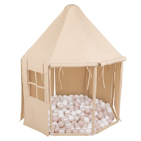 KiddyMoon Play Tent for Kids Pavilion Playhouse Cotton Fabric Indoor Outdoor Use Foldable Design Easy Assembly And Storage Perfect For Play Relaxing And Imaginative Adventures, natural: pastel beige/white/pearl, 100 Balls