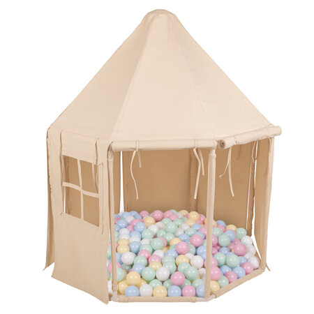 KiddyMoon Play Tent for Kids Pavilion Playhouse Cotton Fabric Indoor Outdoor Use Foldable Design Easy Assembly And Storage Perfect For Play Relaxing And Imaginative Adventures, natural: pastel blue/pastel yellow/white/mint/powder pink, 100 Balls