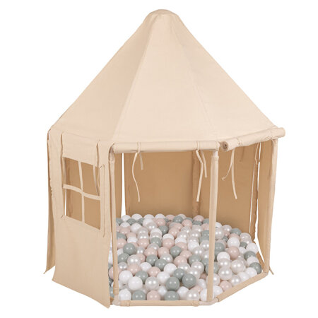 KiddyMoon Play Tent for Kids Pavilion Playhouse Cotton Fabric Indoor Outdoor Use Foldable Design Easy Assembly And Storage Perfect For Play Relaxing And Imaginative Adventures, natural: white/pearl/pastel beige/green-grey, 400 Balls