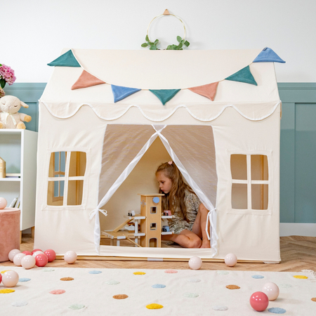 KiddyMoon Playhouse For Kids Foldable Tent Child's Play Cotton Fabric Easy To Assemble Indoor And Outdoor Use With Windows And Doors Encourages Creative Play Compact Storage, Natural