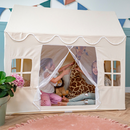 KiddyMoon Playhouse For Kids Foldable Tent Child's Play Cotton Fabric Easy To Assemble Indoor And Outdoor Use With Windows And Doors Encourages Creative Play Compact Storage, Natural