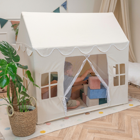 KiddyMoon Playhouse For Kids Foldable Tent Child's Play Cotton Fabric Easy To Assemble Indoor And Outdoor Use With Windows And Doors Encourages Creative Play Compact Storage, natural, No Balls