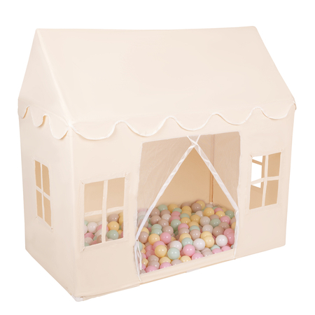 KiddyMoon Playhouse For Kids Foldable Tent Child's Play Cotton Fabric Easy To Assemble Indoor And Outdoor Use With Windows And Doors Encourages Creative Play Compact Storage, natural: pastel beige/pastel yellow/white/mint/powder pink, 400 Balls