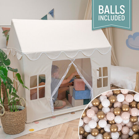 KiddyMoon Playhouse For Kids Foldable Tent Child's Play Cotton Fabric Easy To Assemble Indoor And Outdoor Use With Windows And Doors Encourages Creative Play Compact Storage, natural: pastel beige/white/golden, 200 Balls