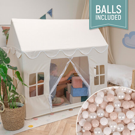 KiddyMoon Playhouse For Kids Foldable Tent Child's Play Cotton Fabric Easy To Assemble Indoor And Outdoor Use With Windows And Doors Encourages Creative Play Compact Storage, natural: pastel beige/white/pearl, 300 Balls