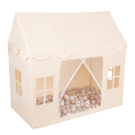 KiddyMoon Playhouse For Kids Foldable Tent Child's Play Cotton Fabric Easy To Assemble Indoor And Outdoor Use With Windows And Doors Encourages Creative Play Compact Storage, natural: pastel beige/white/pearl, 300 Balls