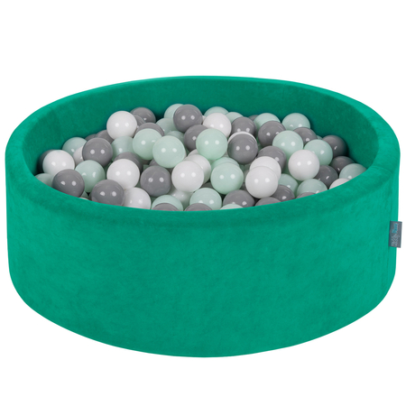 KiddyMoon Soft Ball Pit Round 7cm /  2.75In for Kids, Foam Velvet Ball Pool Baby Playballs, Agave Green: White/ Grey/ Mint