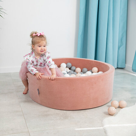 KiddyMoon Soft Ball Pit Round 7cm /  2.75In for Kids, Foam Velvet Ball Pool Baby Playballs, Made In The EU, Desert Pink: Pastel Beige/ Grey/ White