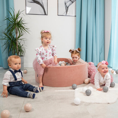 KiddyMoon Soft Ball Pit Round 7cm /  2.75In for Kids, Foam Velvet Ball Pool Baby Playballs, Made In The EU, Desert Pink: Pastel Beige/ Grey/ White