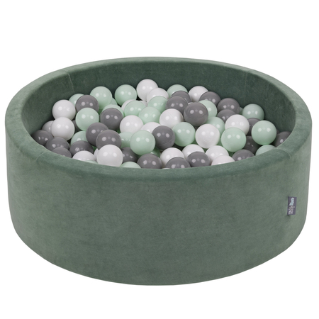 KiddyMoon Soft Ball Pit Round 7cm /  2.75In for Kids, Foam Velvet Ball Pool Baby Playballs, Made In The EU, Forest Green: White/ Grey/ Mint