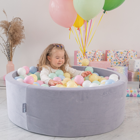 KiddyMoon Soft Ball Pit Round 7cm /  2.75In for Kids, Foam Velvet Ball Pool Baby Playballs, Made In The EU, Grey Mountains: Pastel Beige/ Pastel Blue/ Pastel Yellow/ Mint