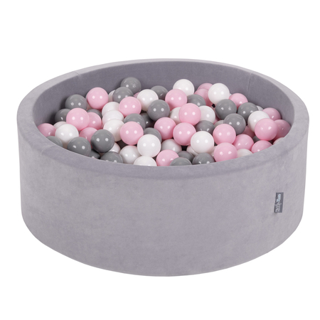 KiddyMoon Soft Ball Pit Round 7cm /  2.75In for Kids, Foam Velvet Ball Pool Baby Playballs, Made In The EU, Grey Mountains: White/ Grey/ Powder Pink