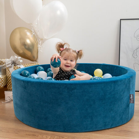 KiddyMoon Soft Ball Pit Round 7cm /  2.75In for Kids, Foam Velvet Ball Pool Baby Playballs, Made In The EU, Lagoon Turquoise: Dark Turquoise/ Pastel Blue/ Pastel Yellow/ White