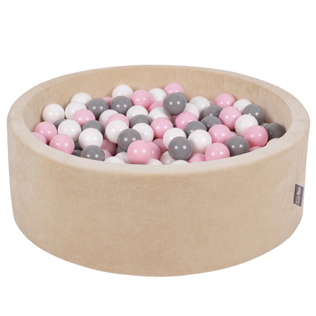 KiddyMoon Soft Ball Pit Round 7cm /  2.75In for Kids, Foam Velvet Ball Pool Baby Playballs, Sand Beige: White/ Grey/ Light Pink