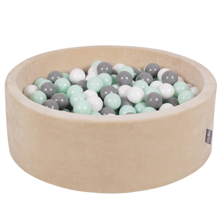 KiddyMoon Soft Ball Pit Round 7cm /  2.75In for Kids, Foam Velvet Ball Pool Baby Playballs, Sand Beige: White/ Grey/ Mint