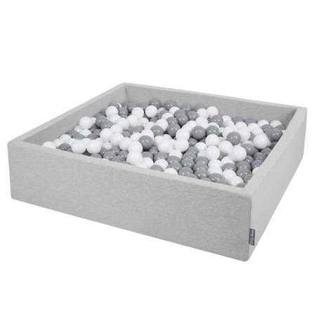 KiddyMoon Soft Ball Pit Square  ∅ 7Cm / 2.75In For Kids, Foam Ball Pool Baby Playballs Children, Made In The EU, light grey:white-grey, 120x30cm/200 balls