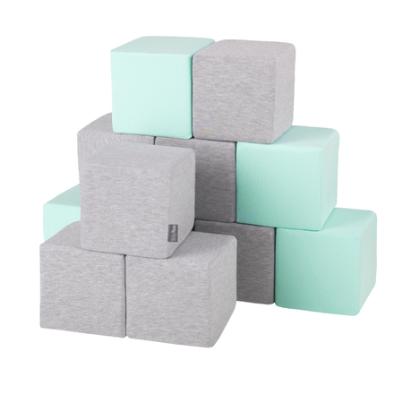 KiddyMoon Soft Foam Cubes Building Blocks 14cm for Children Multifunctional Foam Construction Montessori Toy for Babies, Certified Made in The EU, Cubes: Light Grey-Mint