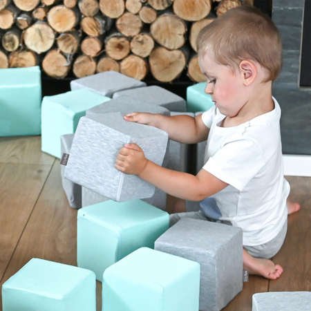 KiddyMoon Soft Foam Cubes Building Blocks 14cm for Children Multifunctional Foam Construction Montessori Toy for Babies, Certified Made in The EU, Cubes: Light Grey-Mint