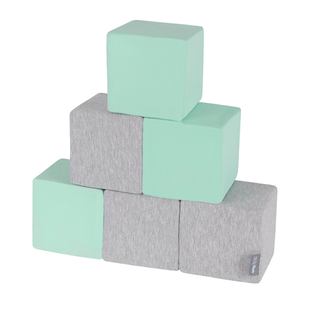 KiddyMoon Soft Foam Cubes Building Blocks 14cm for Children Multifunctional Foam Construction Montessori Toy for Babies, Certified Made in The EU, Cubes: Light Grey-Mint