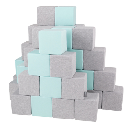 KiddyMoon Soft Foam Cubes Building Blocks 14cm for Children Multifunctional Foam Construction Montessori Toy for Babies, Certified Made in The EU, Cubes: Light Grey-Mint