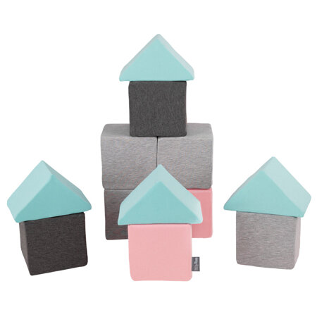 KiddyMoon Soft Foam Cubes Building Blocks 14cm for Children Multifunctional Foam Construction Montessori Toy for Babies, Certified Made in The EU, Mix:  Light Grey-Dark Grey-Pink-Mint