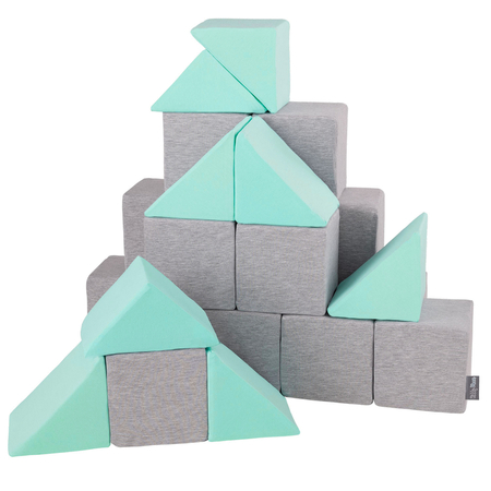 KiddyMoon Soft Foam Cubes Building Blocks 14cm for Children Multifunctional Foam Construction Montessori Toy for Babies, Certified Made in The EU, Mix:  Light Grey-Mint