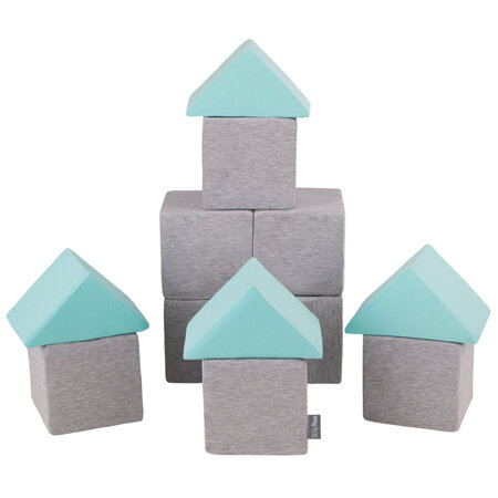 KiddyMoon Soft Foam Cubes Building Blocks 14cm for Children Multifunctional Foam Construction Montessori Toy for Babies, Certified Made in The EU, Mix:  Light Grey-Mint