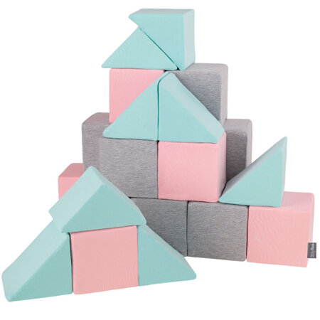 KiddyMoon Soft Foam Cubes Building Blocks 14cm for Children Multifunctional Foam Construction Montessori Toy for Babies, Certified Made in The EU, Mix: Light Grey-Pink-Mint