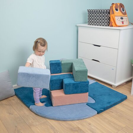 KiddyMoon Soft Foam Cubes with Velvet Cover Building Blocks for Children , Laguna Blue-Forest Green-Desert Pink-Ice Blue