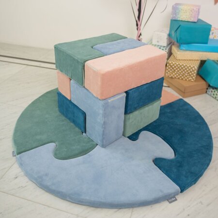 KiddyMoon Soft Foam Cubes with Velvet Cover Building Blocks for Children , Laguna Blue-Forest Green-Desert Pink-Ice Blue