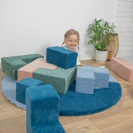 KiddyMoon Soft Foam Cubes with Velvet Cover Building Blocks for Children , Laguna Blue-Forest Green-Desert Pink-Ice Blue