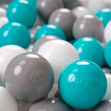 KiddyMoon Soft Plastic Play Balls 6cm /  2.36 Multi Colour Made in EU, Grey/ White/ Turquoise