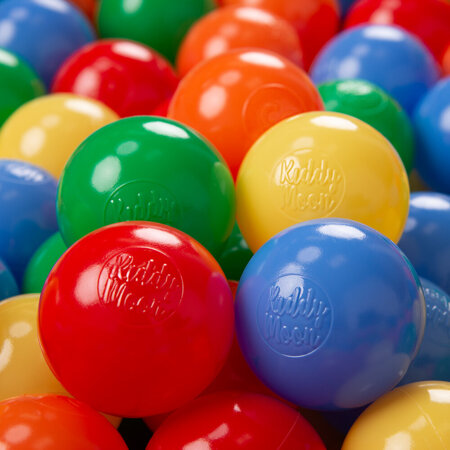 KiddyMoon Soft Plastic Play Balls ∅ 6cm / 2.36 Multi Colour Made in EU, yellow-green-blue-red-orange, 100 Balls/6cm-2.36in