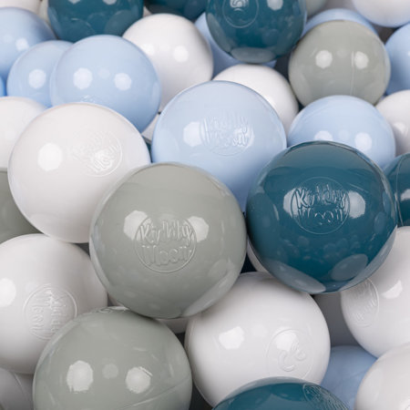 KiddyMoon Soft Plastic Play Balls 7cm/ 2.75in Multi-colour Certified Made in EU, Dark Turquoise/ Greengrey/ Pastel Blue/ White