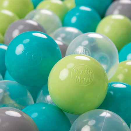 KiddyMoon Soft Plastic Play Balls 7cm/ 2.75in Multi-colour Certified Made in EU, Turquoise/ Light Green/ Grey/ Transparent