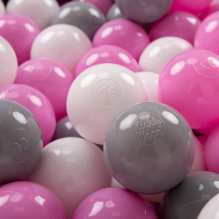 KiddyMoon Soft Plastic Play Balls ∅ 7cm/2.75in Multi-colour Made in EU, grey-white-pink, 300 Balls/7cm-2.75in