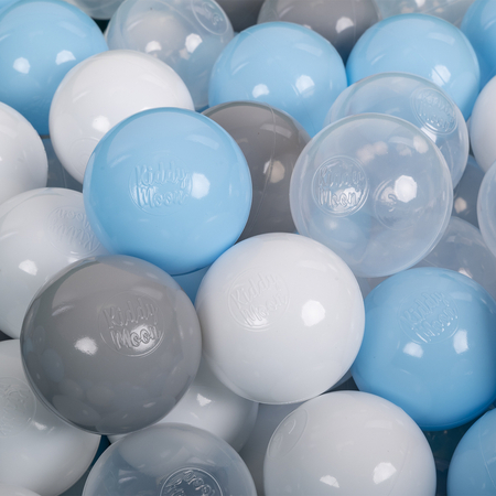 KiddyMoon Soft Plastic Play Balls ∅ 7cm/2.75in Multi-colour Made in EU, grey-white-transparent-babyblue, 200 Balls/7cm-2.75in