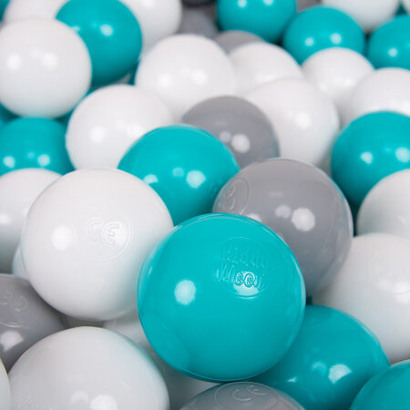 KiddyMoon Soft Plastic Play Balls ∅ 7cm/2.75in Multi-colour Made in EU, grey-white-turquoise, 100 Balls/7cm-2.75in