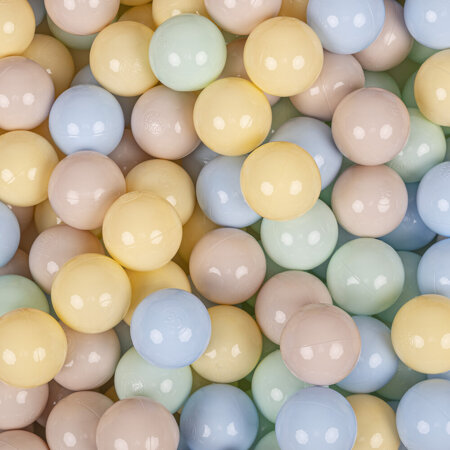 KiddyMoon Soft Plastic Play Balls ∅ 7cm/2.75in Multi-colour Made in EU, pastel beige-pastel blue-pastel yellow-mint, 300 Balls/7cm-2.75in