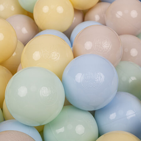 KiddyMoon Soft Plastic Play Balls ∅ 7cm/2.75in Multi-colour Made in EU, pastel beige-pastel blue-pastel yellow-mint, 50 Balls/7cm-2.75in