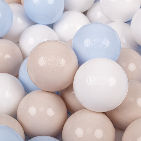 KiddyMoon Soft Plastic Play Balls ∅ 7cm/2.75in Multi-colour Made in EU, pastel beige-pastel blue-white, 100 Balls/7cm-2.75in