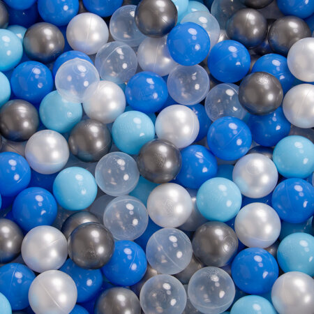 KiddyMoon Soft Plastic Play Balls ∅ 7cm/2.75in Multi-colour Made in EU, pearl-blue-babyblue-transparent-silver, 100 Balls/7cm-2.75in