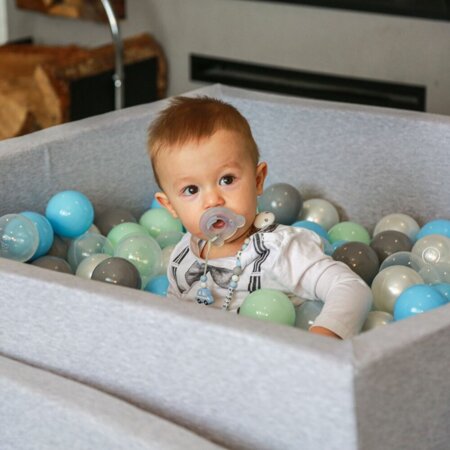 KiddyMoon Soft Plastic Play Balls ∅ 7cm/2.75in Multi-colour Made in EU, pearl-gray-transparent-babyblue-mint, 100 Balls/7cm-2.75in