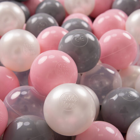 KiddyMoon Soft Plastic Play Balls ∅ 7cm/2.75in Multi-colour Made in EU, pearl-gray-transparent-powder pink, 200 Balls/7cm-2.75in