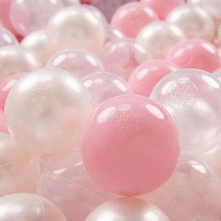 KiddyMoon Soft Plastic Play Balls ∅ 7cm/2.75in Multi-colour Made in EU, powder pink-pearl-transparent, 100 Balls/7cm-2.75in