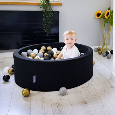 KiddyMoon Soft Plastic Play Balls ∅ 7cm/2.75in Multi-colour Made in EU, white-grey-black-gold, 100 Balls/7cm-2.75in