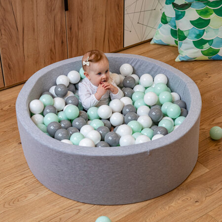 KiddyMoon Soft Plastic Play Balls ∅ 7cm/2.75in Multi-colour Made in EU, white-grey-mint, 100 Balls/7cm-2.75in