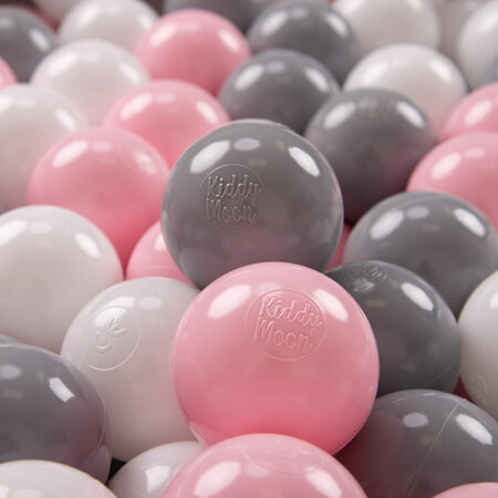 KiddyMoon Soft Plastic Play Balls ∅ 7cm/2.75in Multi-colour Made in EU, white-grey-powder pink, 100 Balls/7cm-2.75in